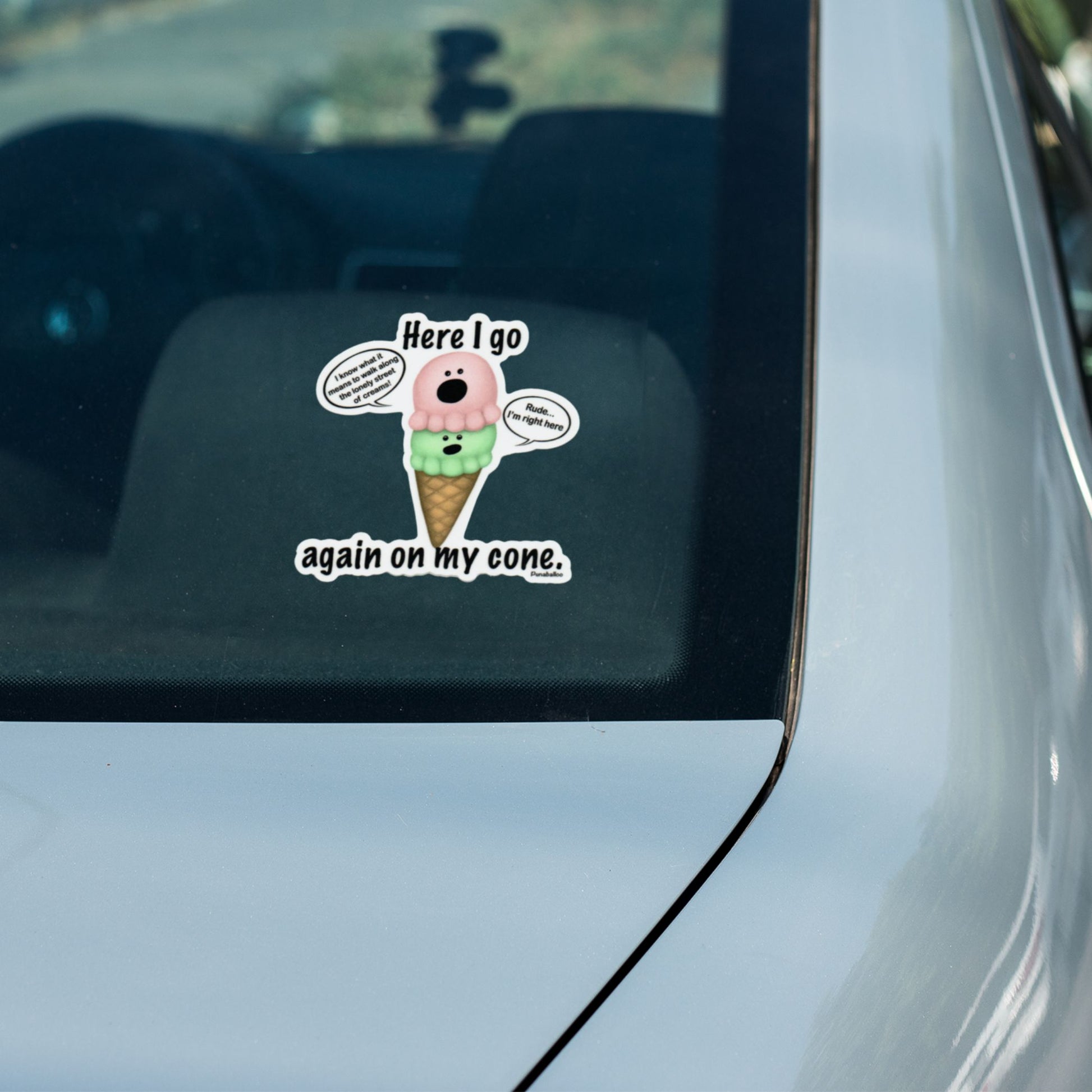Here I Go Again on My Cone ice cream pun sticker on a car window