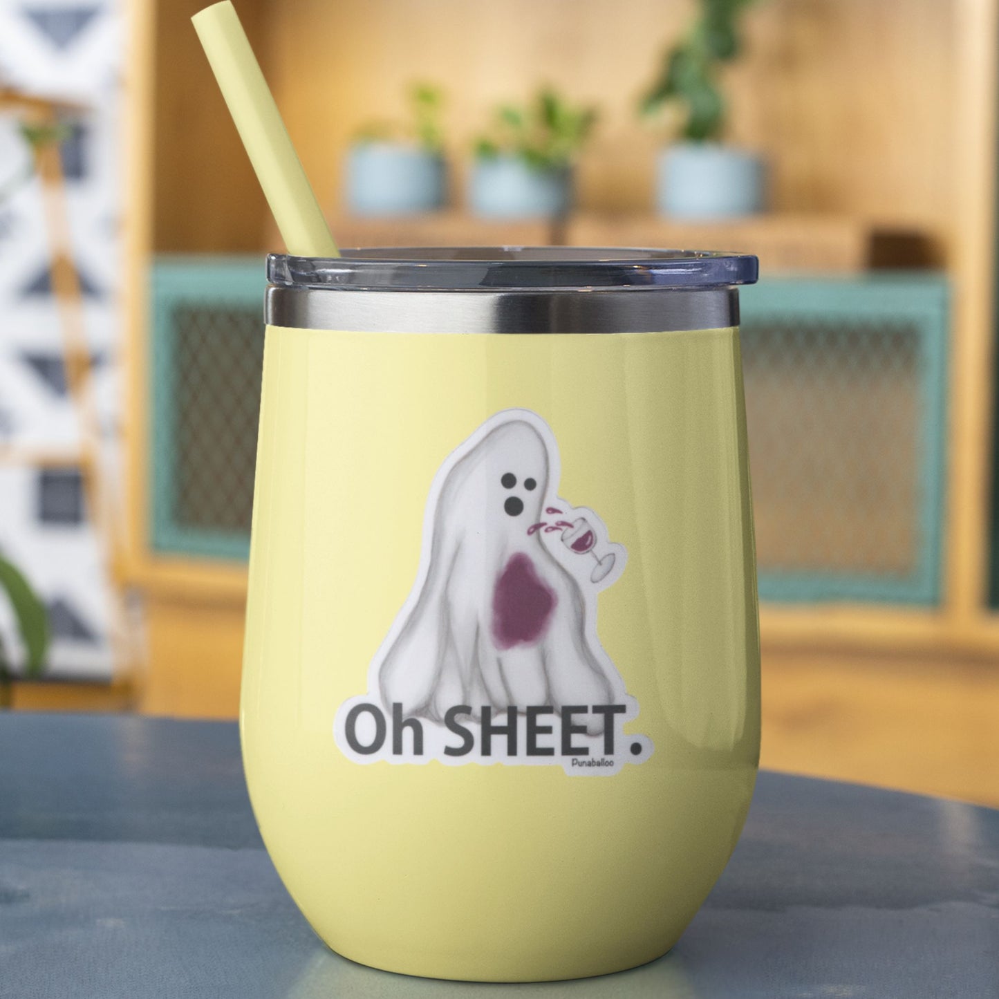 Oh Sheet! Ghost & Wine Sticker – 3″ Vinyl, Water + Wine-Proof, Funny Ghost Pun Decal