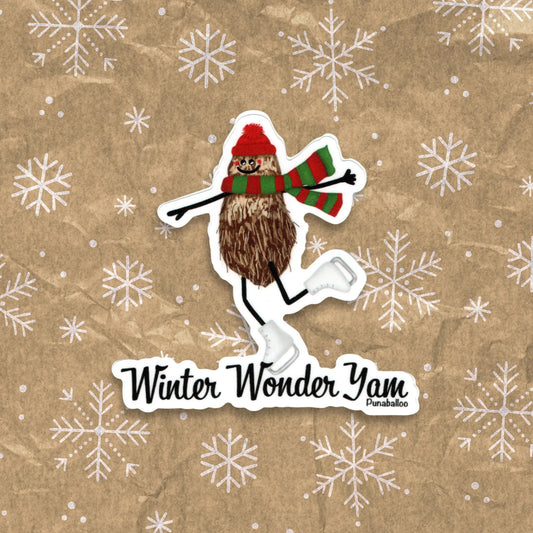 Winter Wonder Yam sticker — hand-drawn skating yam Christmas pun design, waterproof vinyl decal.