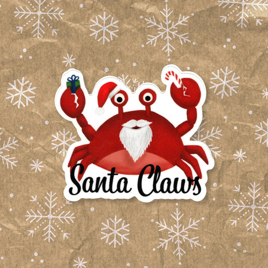 Santa Claws sticker — hand-drawn bearded Christmas crab pun design, waterproof vinyl decal.