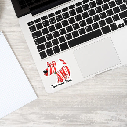 Peppermint Bark sticker — hand-drawn peppermint dog Christmas pun design, waterproof vinyl decal.