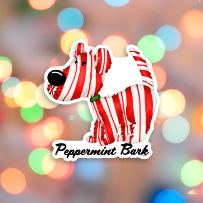 Peppermint Bark sticker — hand-drawn peppermint dog Christmas pun design, waterproof vinyl decal.
