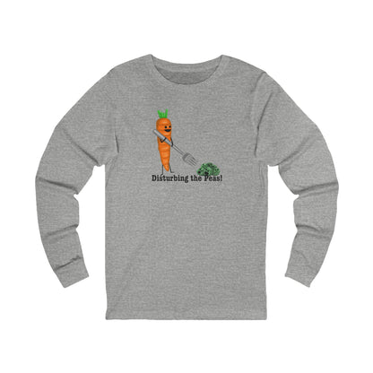 Front of athletic heather long sleeve shirt with the Disturbing the Peas design