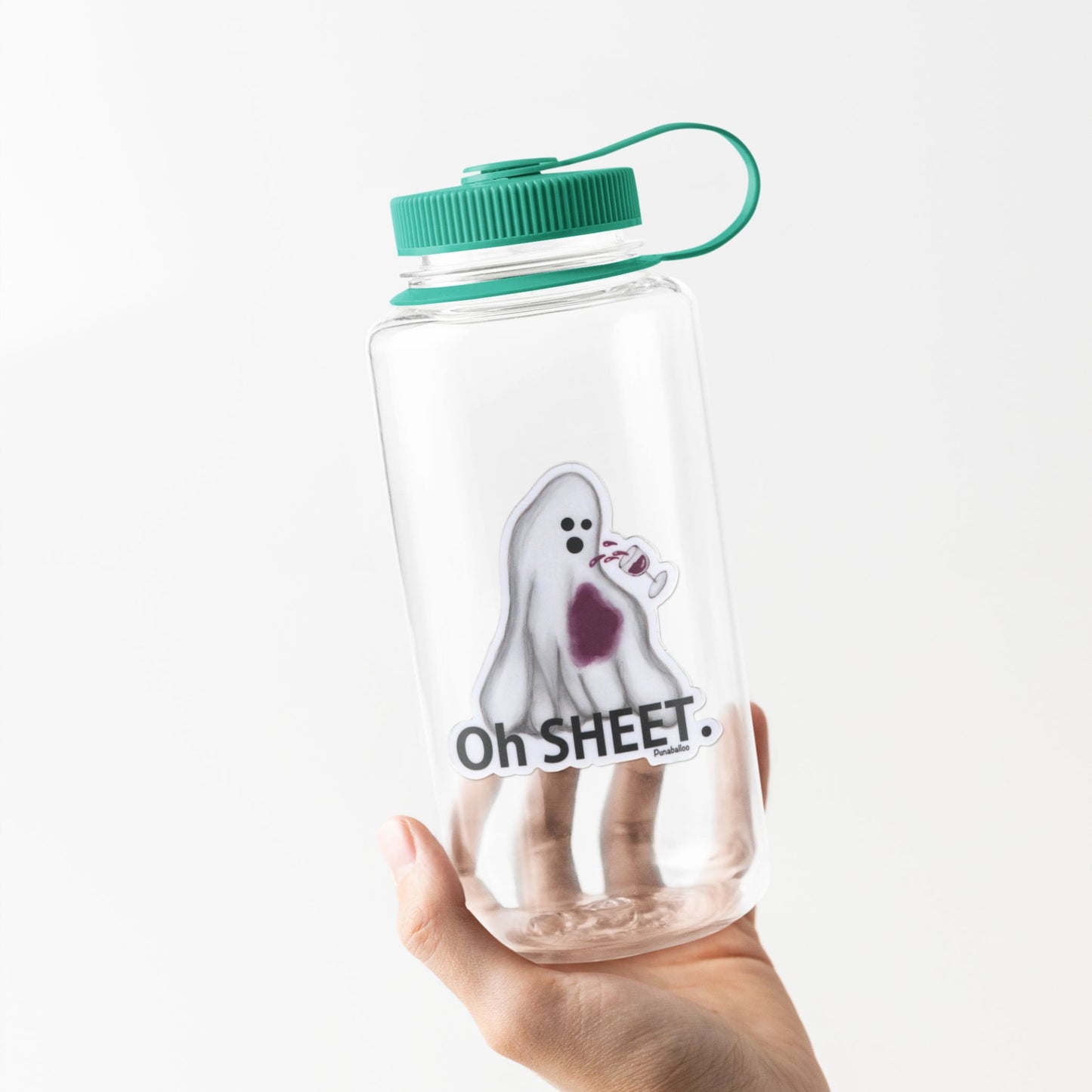 Oh Sheet! Ghost & Wine Sticker – 3″ Vinyl, Water + Wine-Proof, Funny Ghost Pun Decal