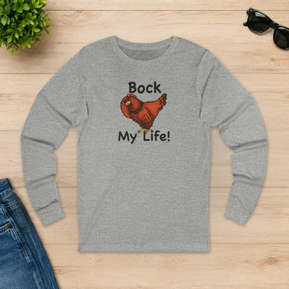 Athletic heather Bock My Life chicken long sleeve shirt laid flat on a wooden table