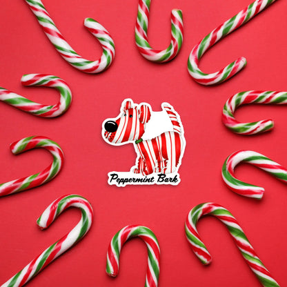 Peppermint Bark sticker — hand-drawn peppermint dog Christmas pun design, waterproof vinyl decal.