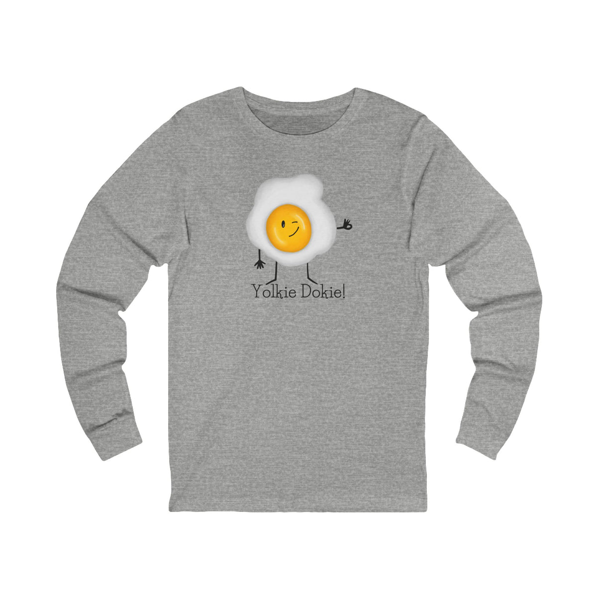 Front of athletic heather Yolkie Dokie long sleeve shirt