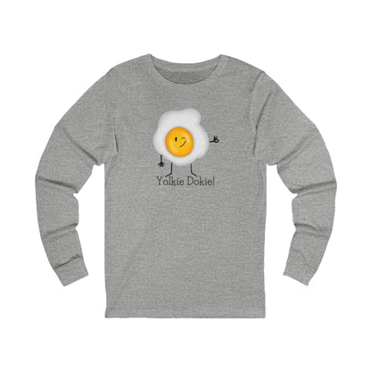 Front of athletic heather Yolkie Dokie long sleeve shirt