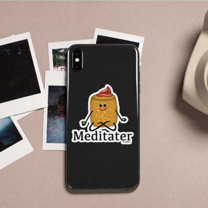 Meditater potato sticker displayed on a black phone case