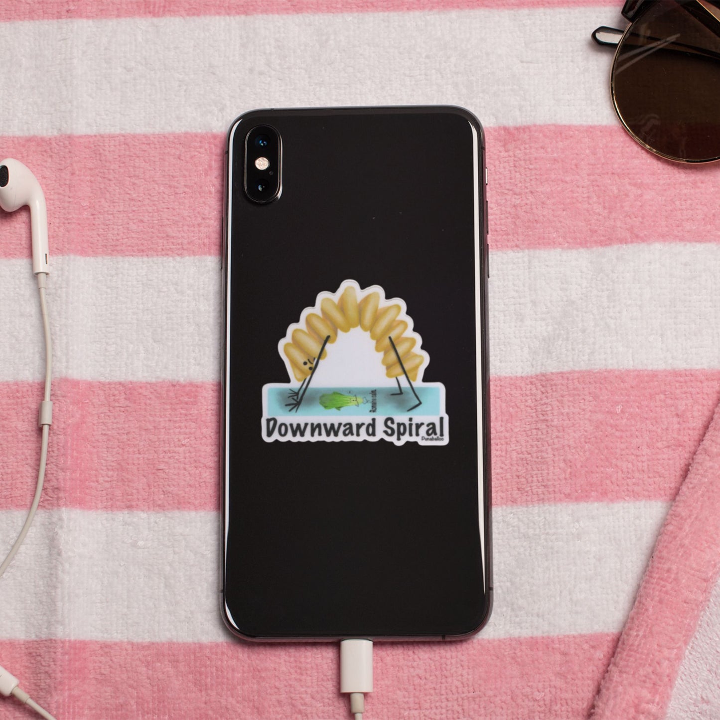 Downward Spiral Pasta Pun Sticker – 3″ Vinyl, Weatherproof Yoga & Pasta Humor
