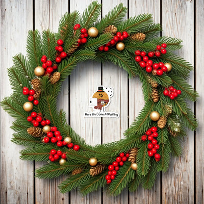 Here We Come A-Waffling sticker — hand-drawn Christmas waffle caroler pun design, waterproof vinyl decal.