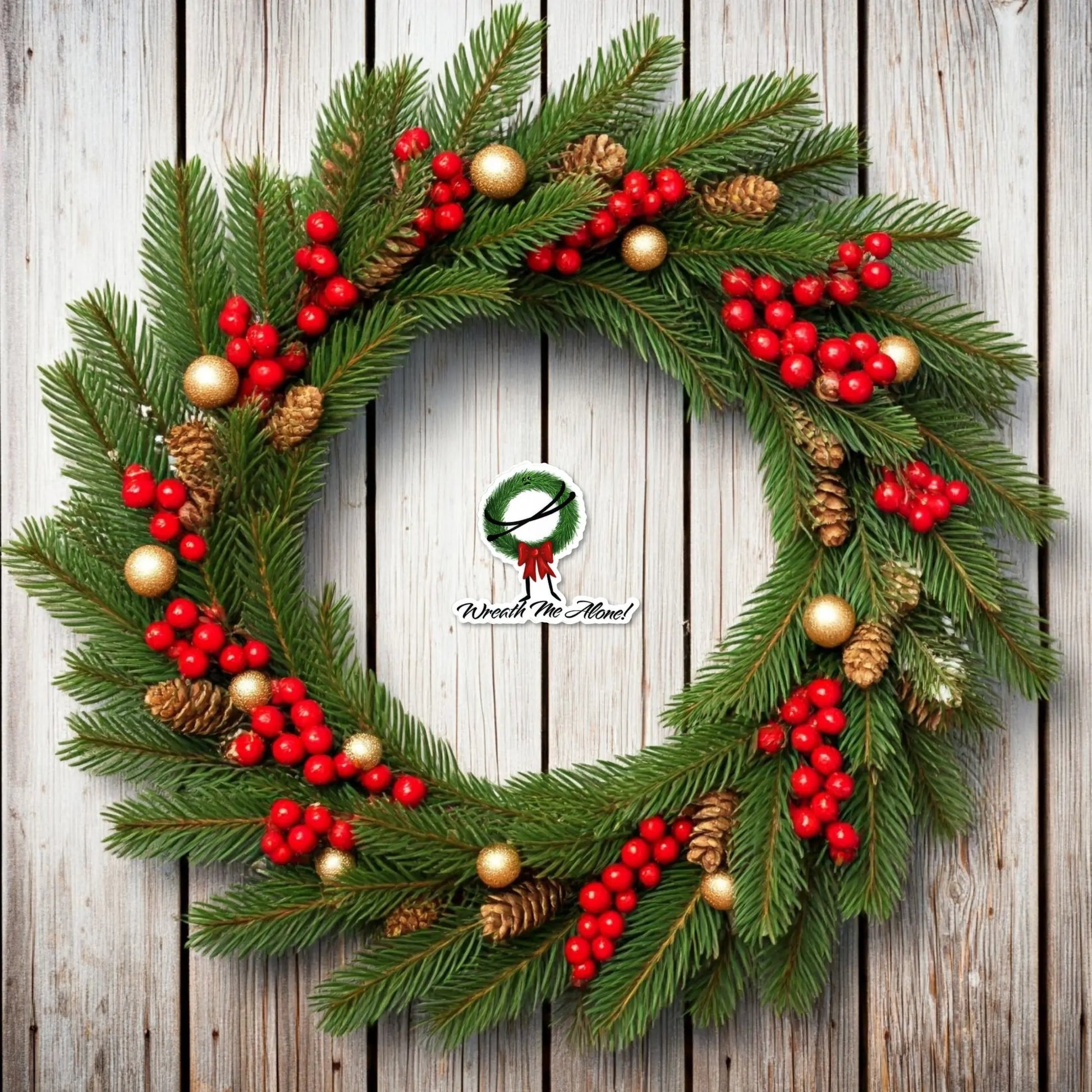 Wreath Me Alone sticker — hand-drawn grumpy Christmas wreath pun design, waterproof vinyl decal.