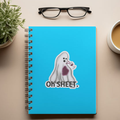 Oh Sheet! Ghost & Wine Sticker – 3″ Vinyl, Water + Wine-Proof, Funny Ghost Pun Decal