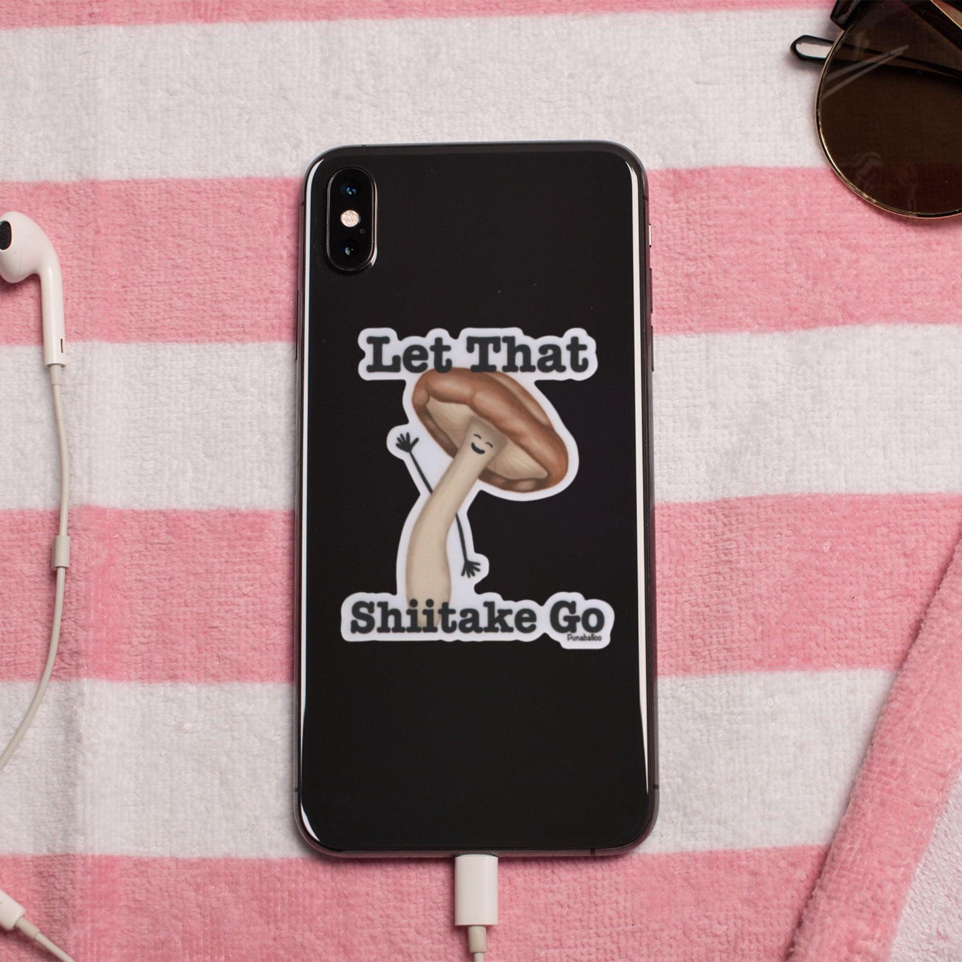 Let That Shiitake Go Sticker – 3″ Vinyl, Weatherproof Mushroom Pun Sticker - Punaballoo