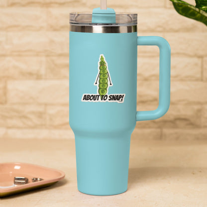 About to Snap funny vegetable sticker on a blue travel tumbler