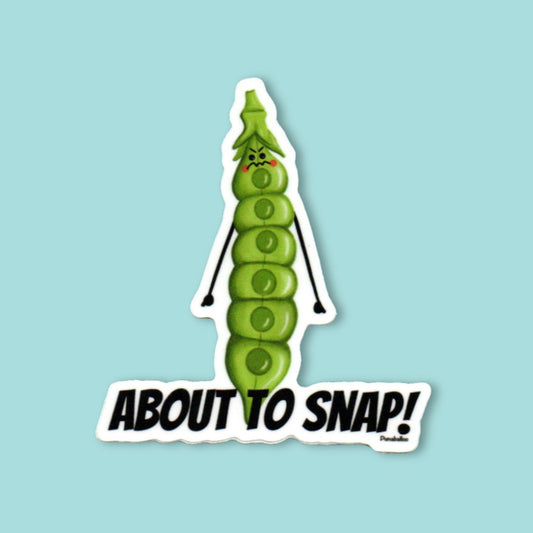 About to Snap snap pea pun sticker on a mint green background