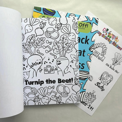 Adult coloring book bundle featuring Turnip the Beet vegetable pun coloring page