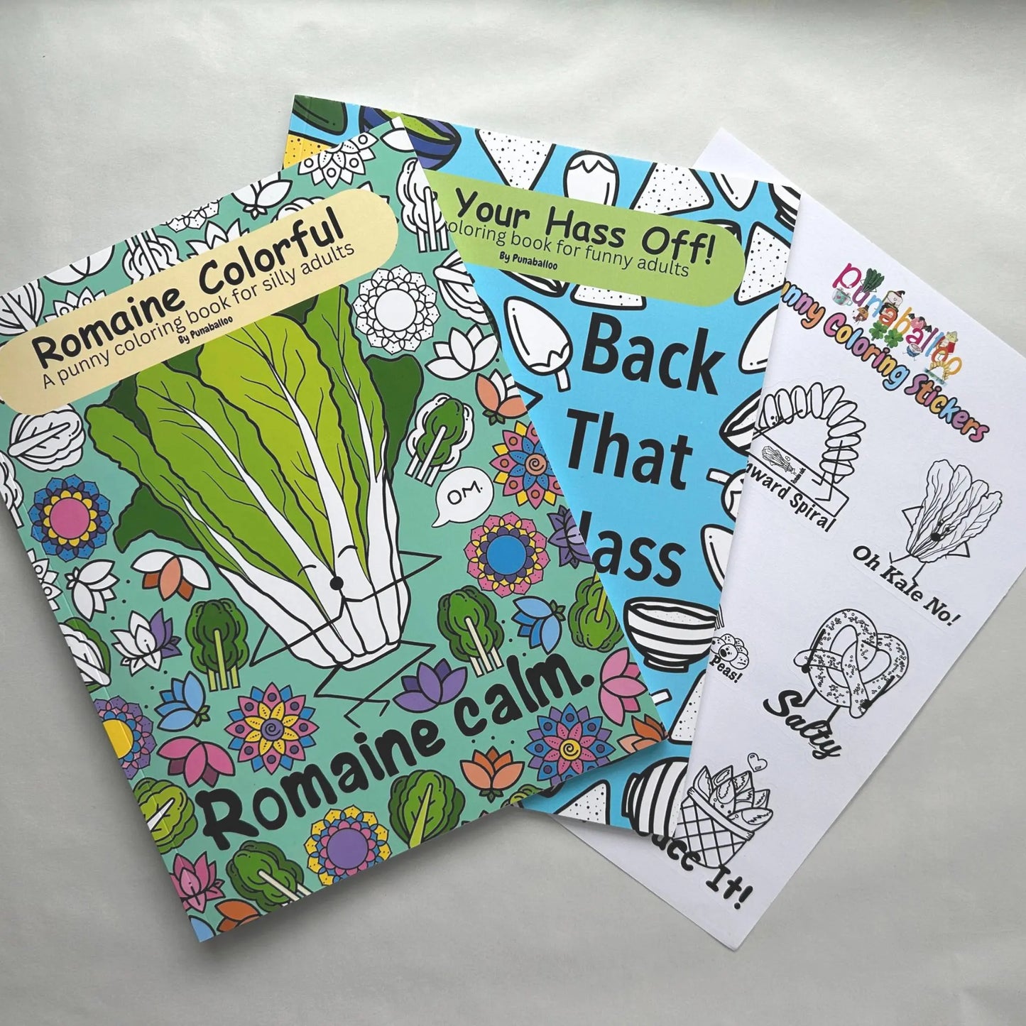 Adult coloring book bundle with sticker sheet featuring funny food puns for stress relief and relaxation