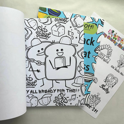 Adult coloring book set showing Y’all Bready For This bread pun coloring page and sticker sheet