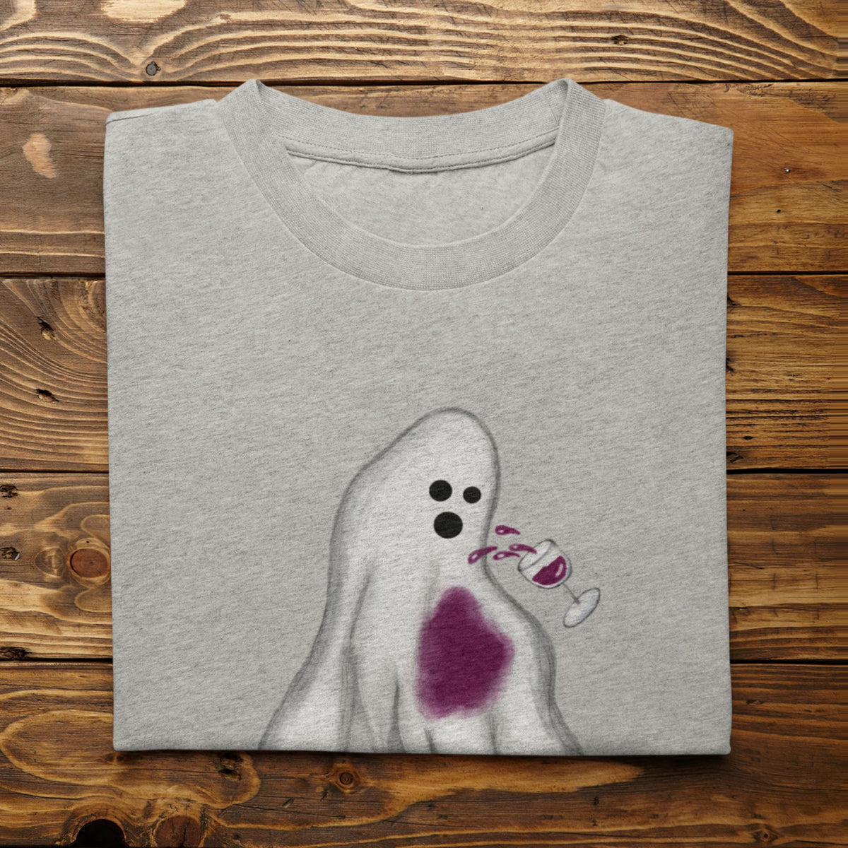 Athletic heather Oh Sheet ghost shirt with spilled red wine design
