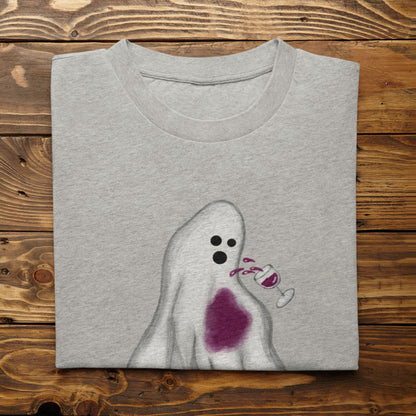 Athletic heather Oh Sheet ghost shirt with spilled red wine design