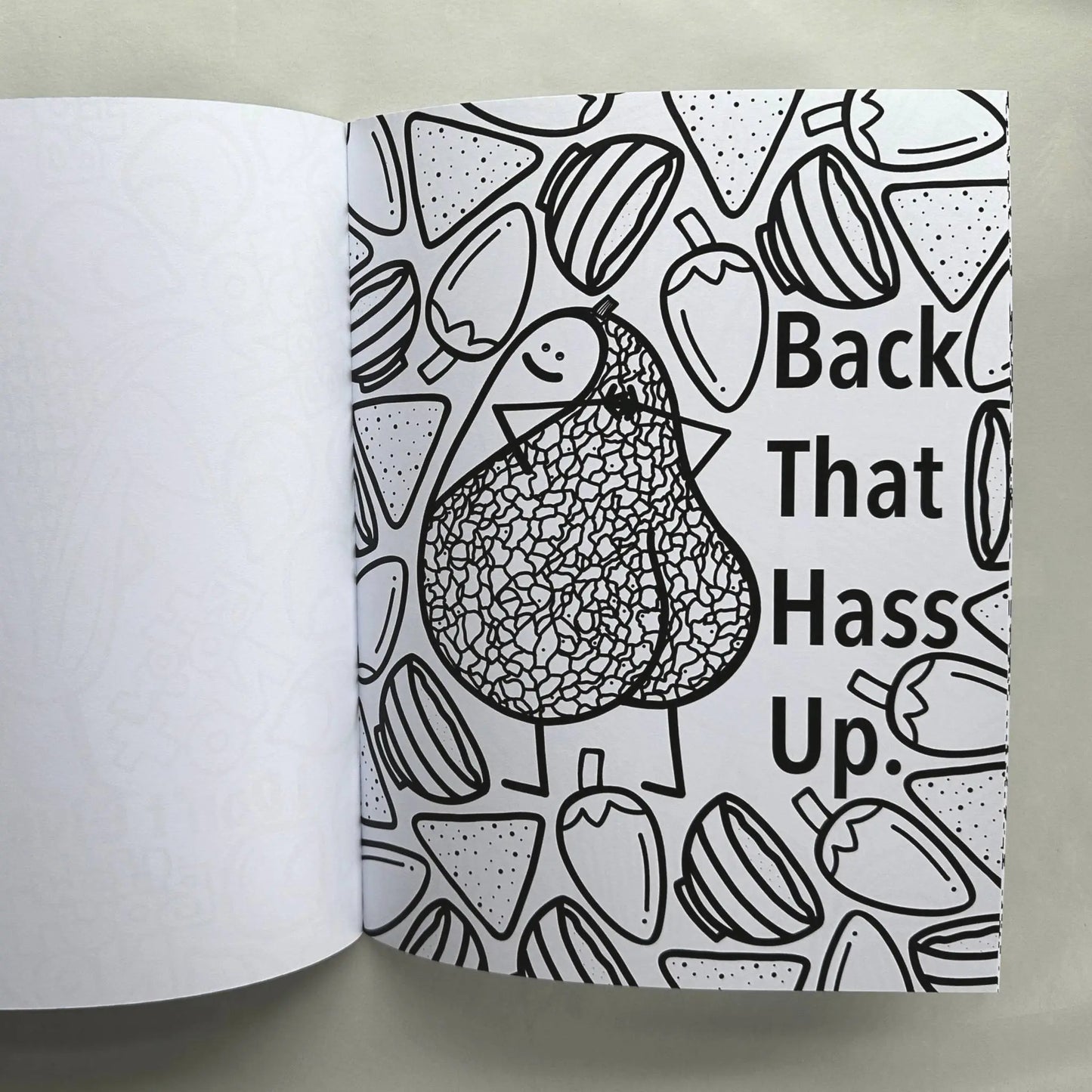 Back That Hass Up avocado pun coloring page from funny food adult coloring book