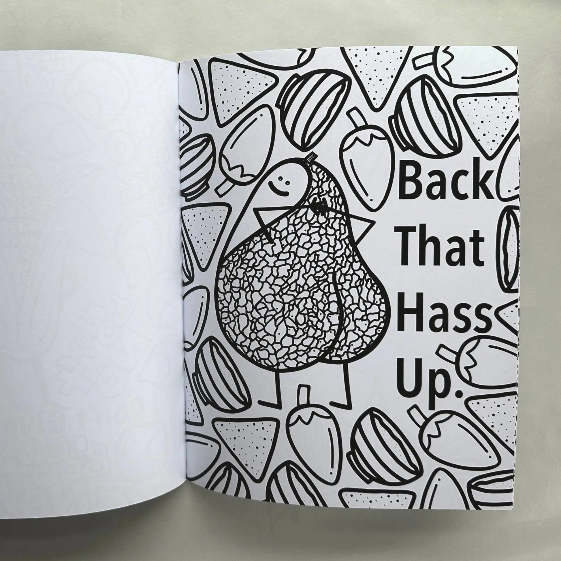 Back That Hass Up avocado pun coloring page from funny food adult coloring book