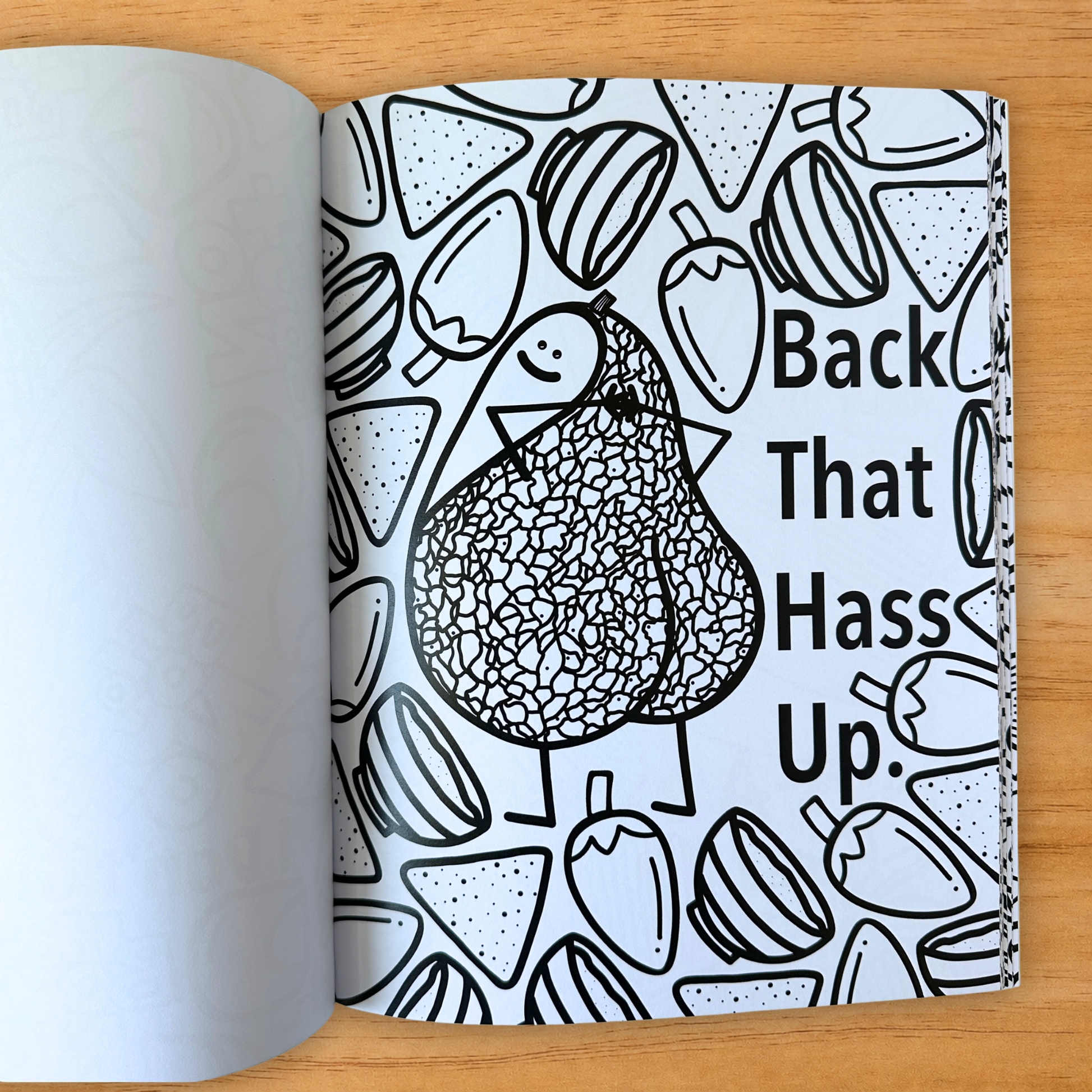 Back That Hass Up avocado pun coloring page from adult coloring book
