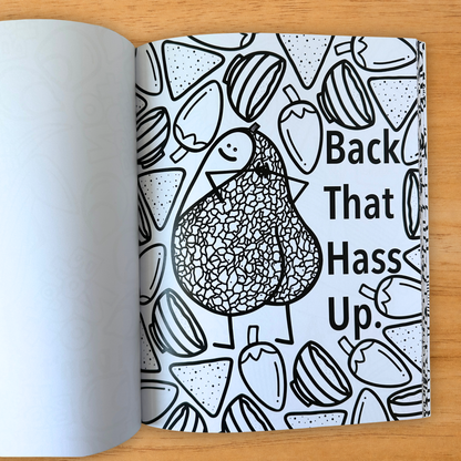 Back That Hass Up avocado pun coloring page from adult coloring book

