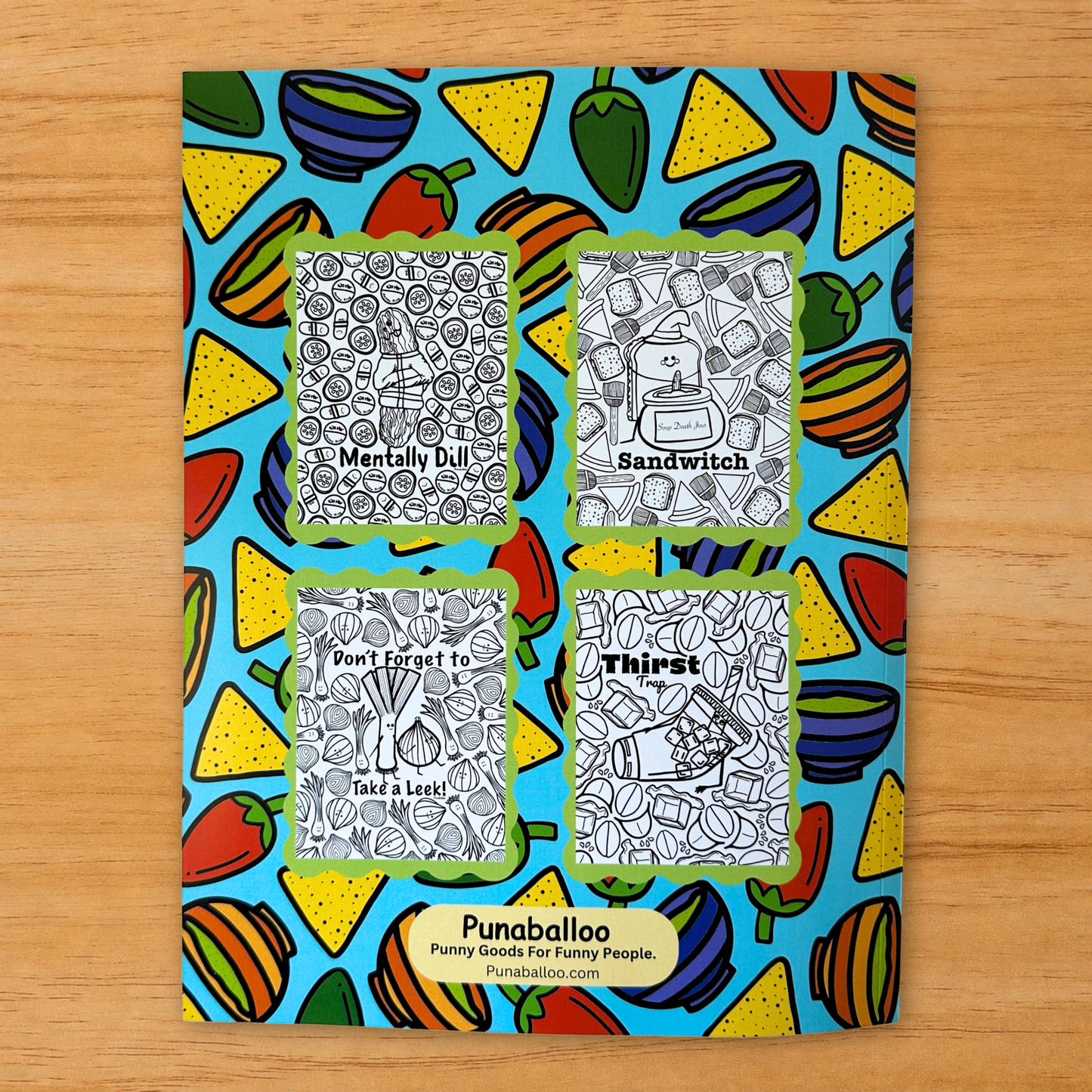 Back cover of Color Your Hass Off adult coloring book showing sample interior pages and food pun designs
