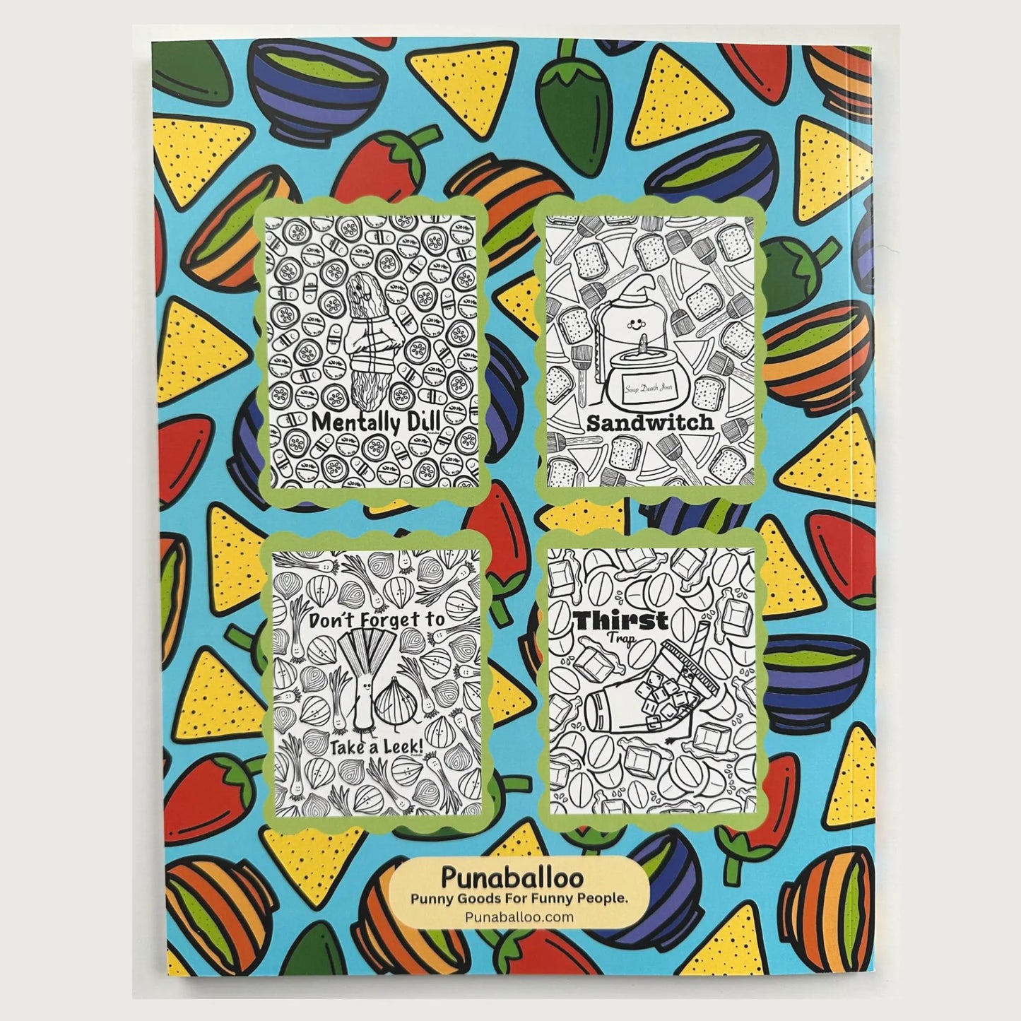 Back cover of Color Your Hass Off adult coloring book showing sample funny food pun coloring pages