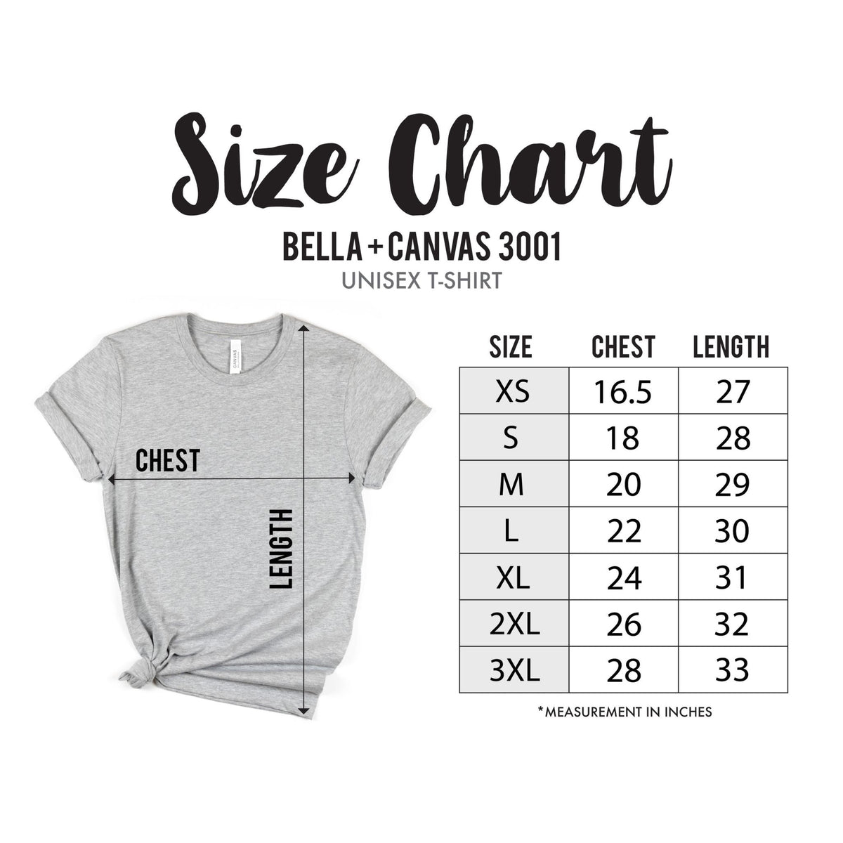 Bella and Canvas 3001 unisex T-shirt size chart with garment measurements