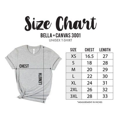 Bella and Canvas 3001 unisex T-shirt size chart with garment measurements