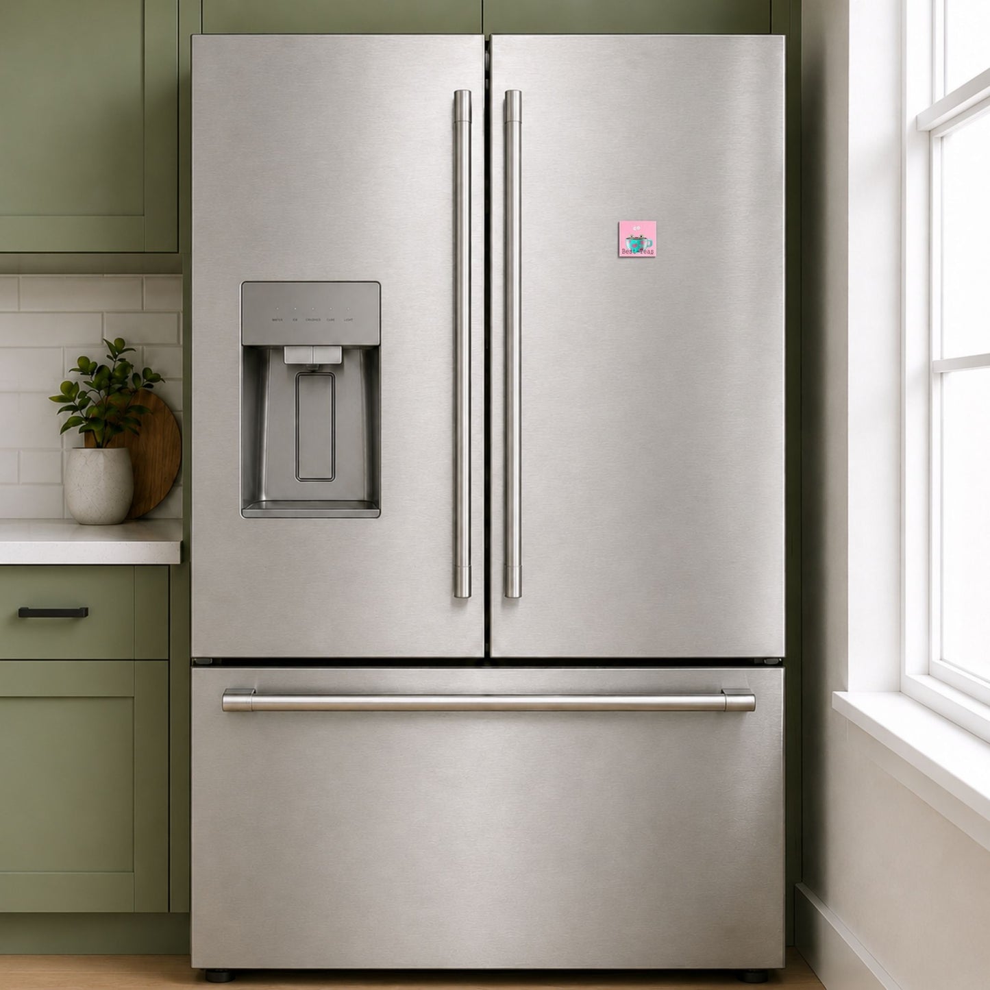 Best-Teas tea pun magnet on a stainless steel refrigerator