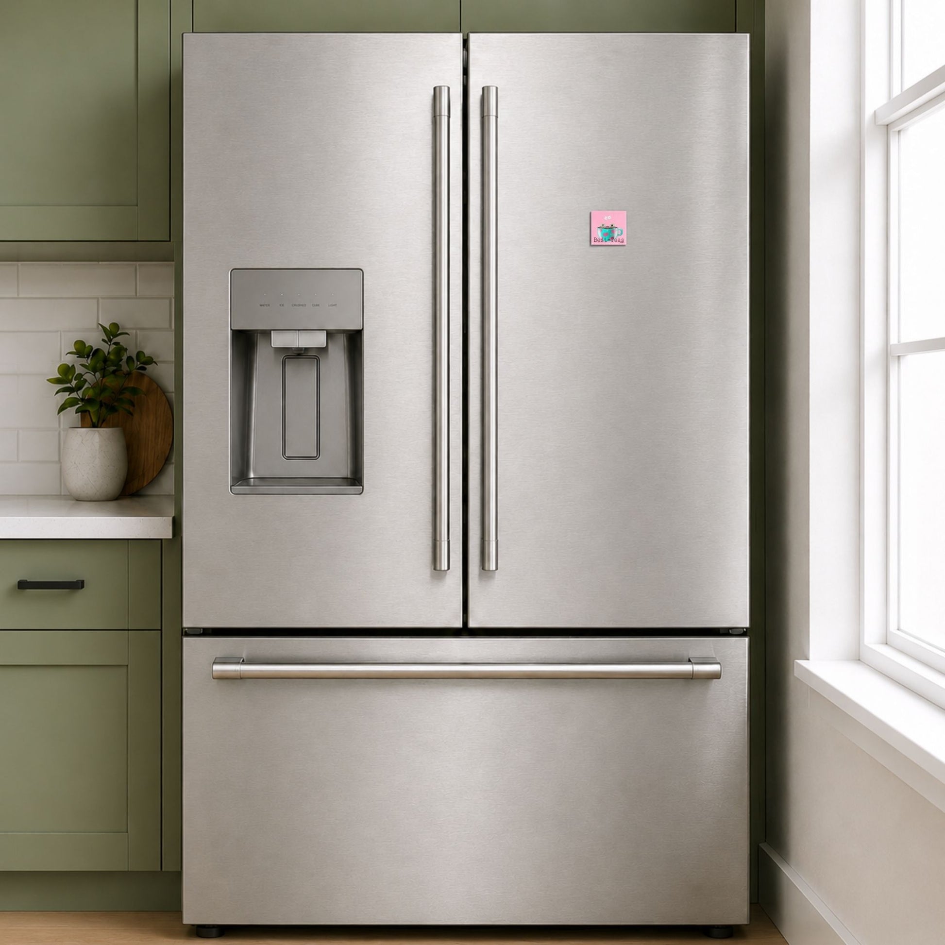 Best-Teas tea pun magnet on a stainless steel refrigerator