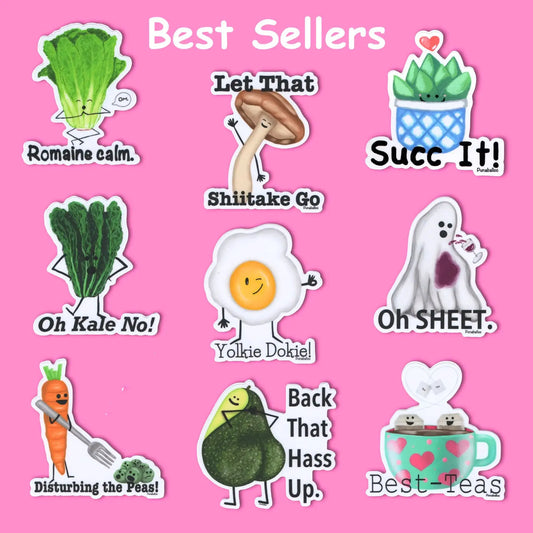 Collection of cartoon stickers with humorous text on a pink background