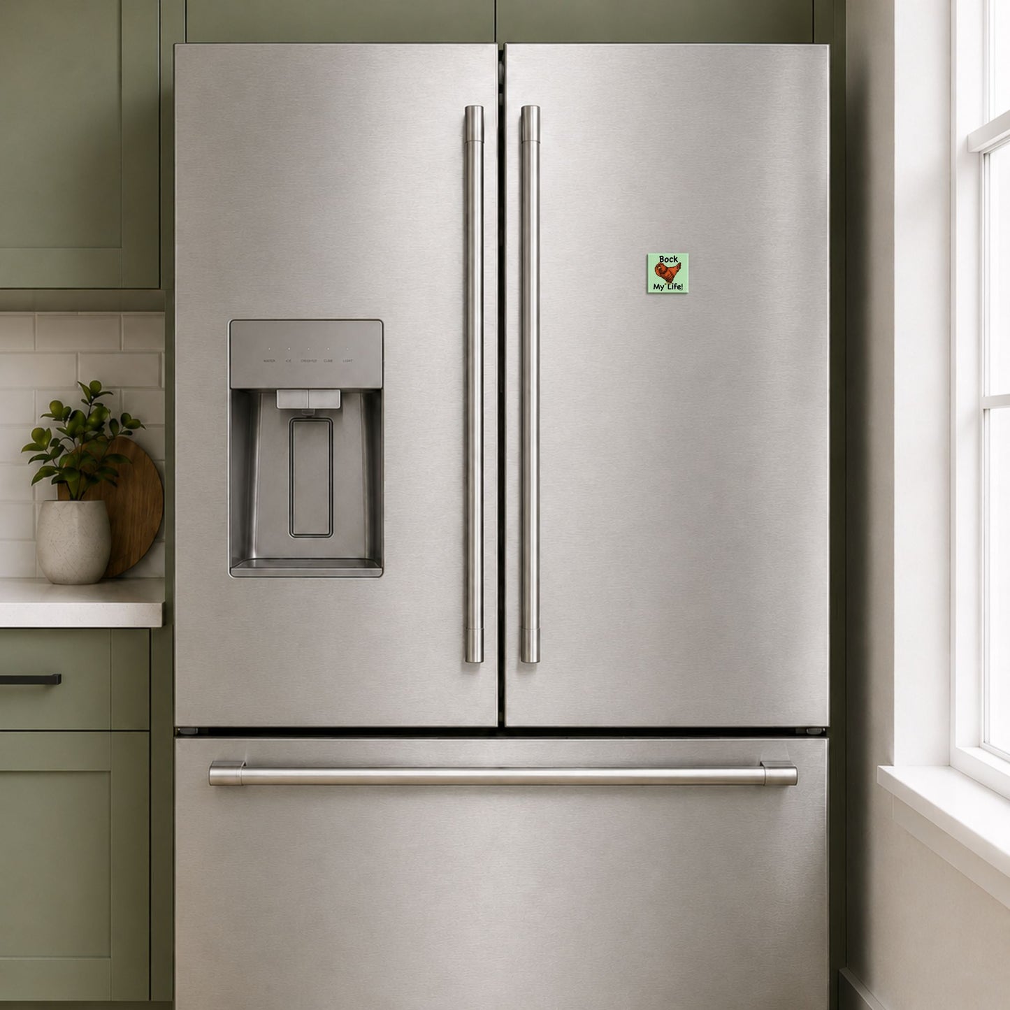 Bock My Life chicken pun magnet on a stainless steel refrigerator