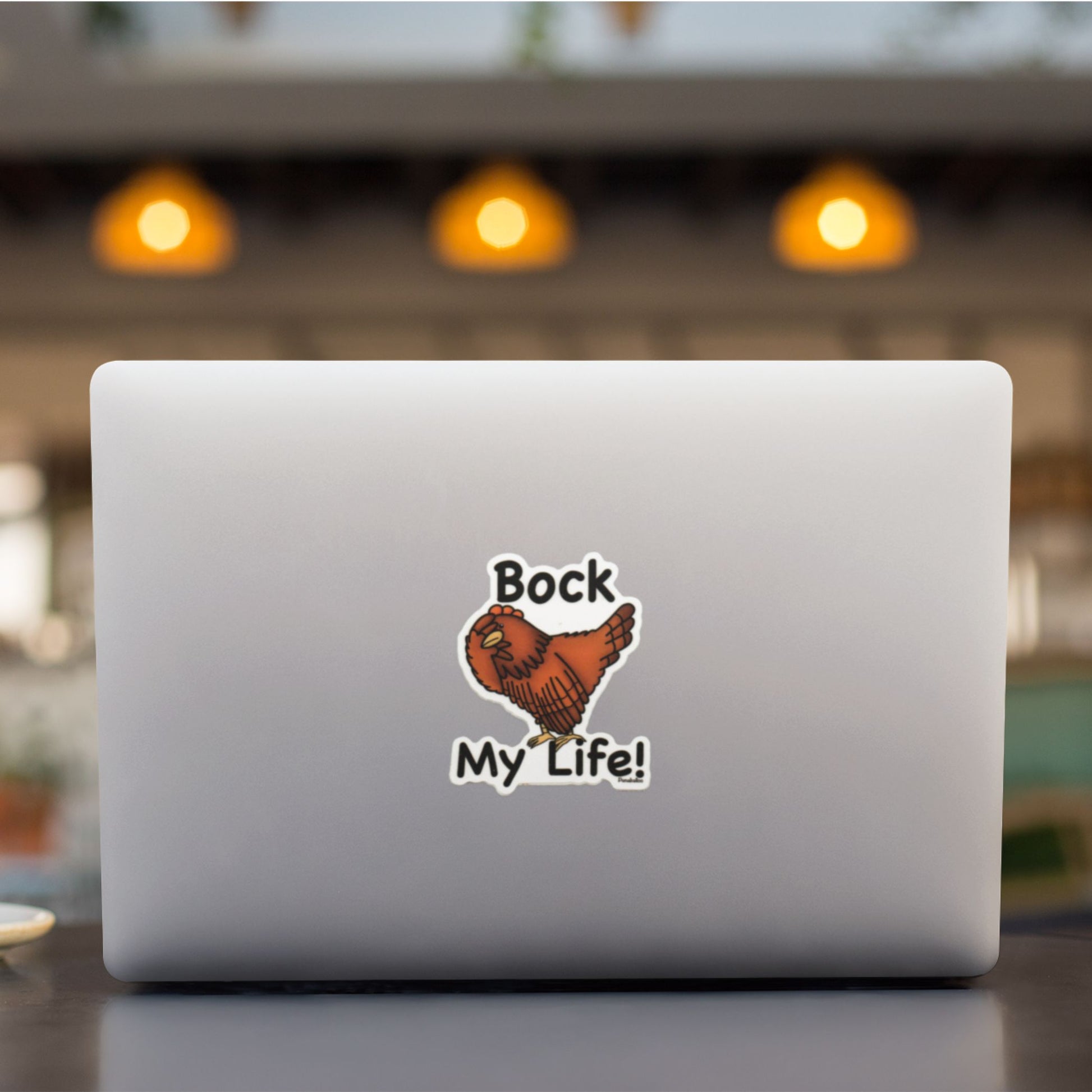Bock My Life chicken pun sticker on a laptop