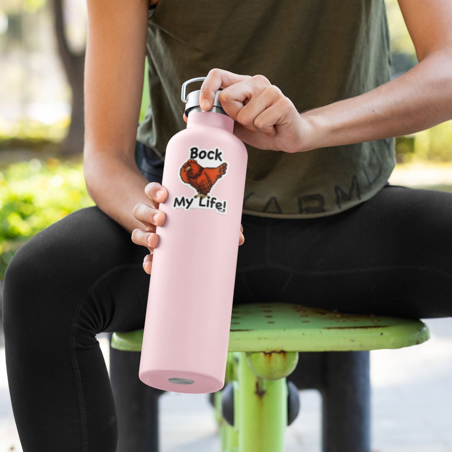 Bock My Life chicken pun sticker on a pink water bottle