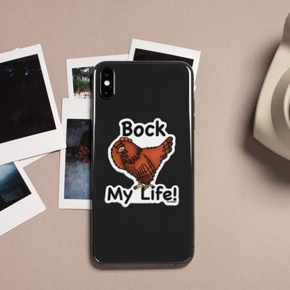 Bock My Life funny chicken sticker on a black phone case