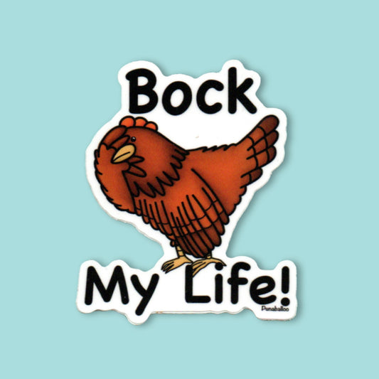 Bock My Life funny chicken sticker on a mint green background