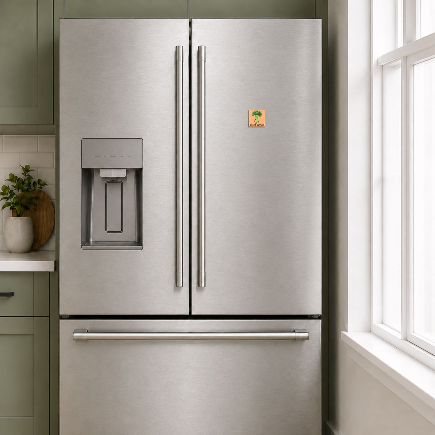Brocc Bottom broccoli pun magnet on a stainless steel refrigerator