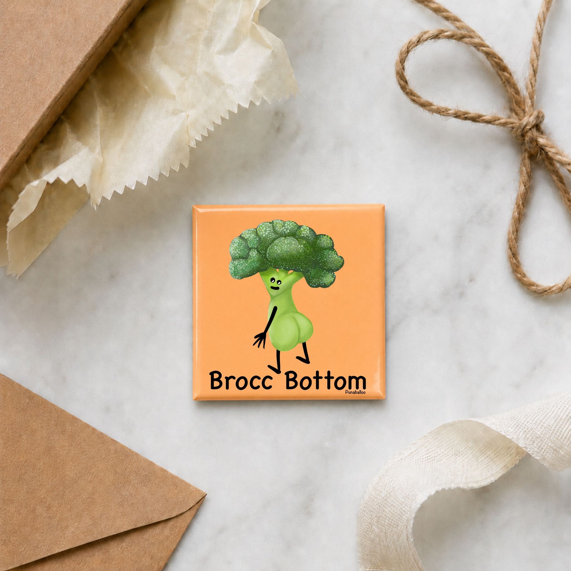 Brocc Bottom funny broccoli magnet in a gift flat lay