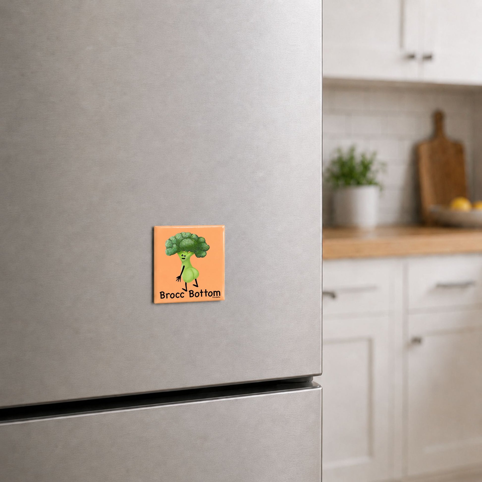 Brocc Bottom funny broccoli magnet on a kitchen fridge