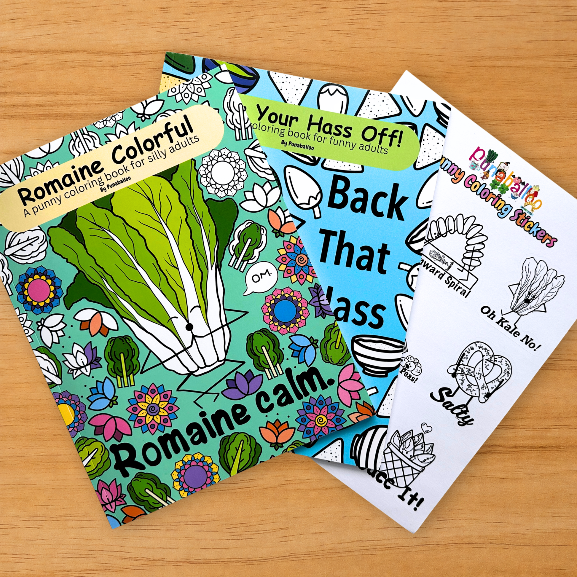 Color Your Hass Off adult coloring book bundle with Romaine Colorful book and punny coloring sticker sheet