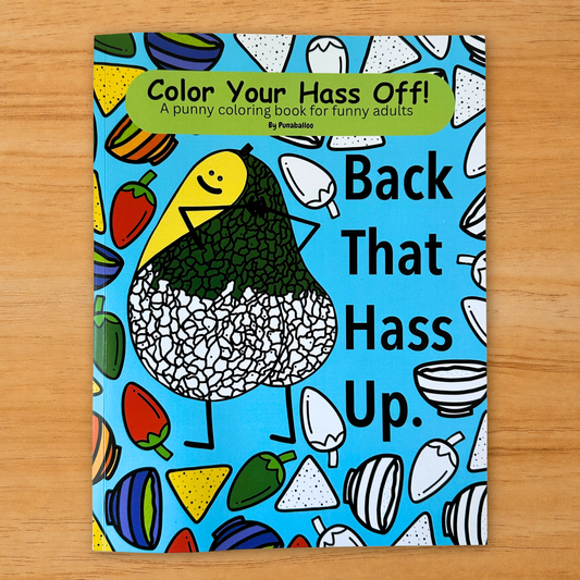 Color Your Hass Off adult coloring book cover with avocado pun design 