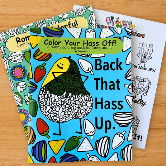 Color Your Hass Off and Romaine Colorful pun themed adult coloring book set with color your own sticker sheet on wood background with markers