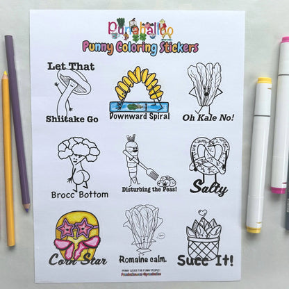 Colorable food pun sticker sheet for adults with some designs filled in using markers