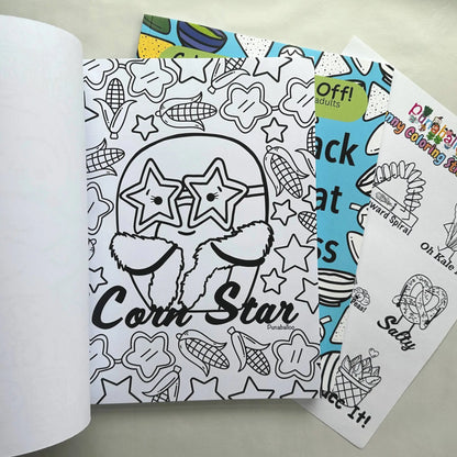 Corn Star food pun coloring page inside adult coloring book set with sticker sheet