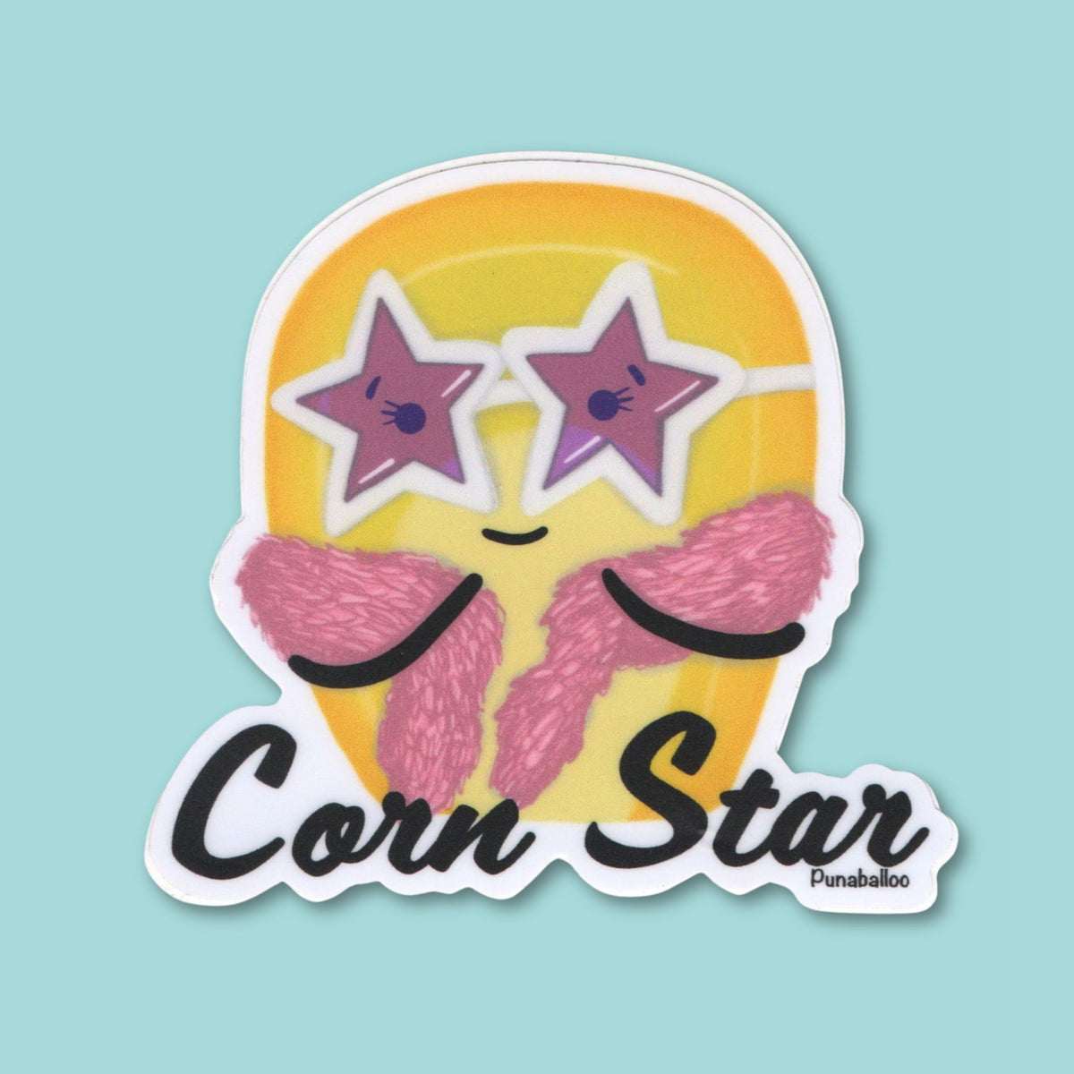 “Corn Star” corn sticker — hand-drawn food pun design by Punaballoo, waterproof vinyl decal for snack lovers and humor fans on a mint green background.